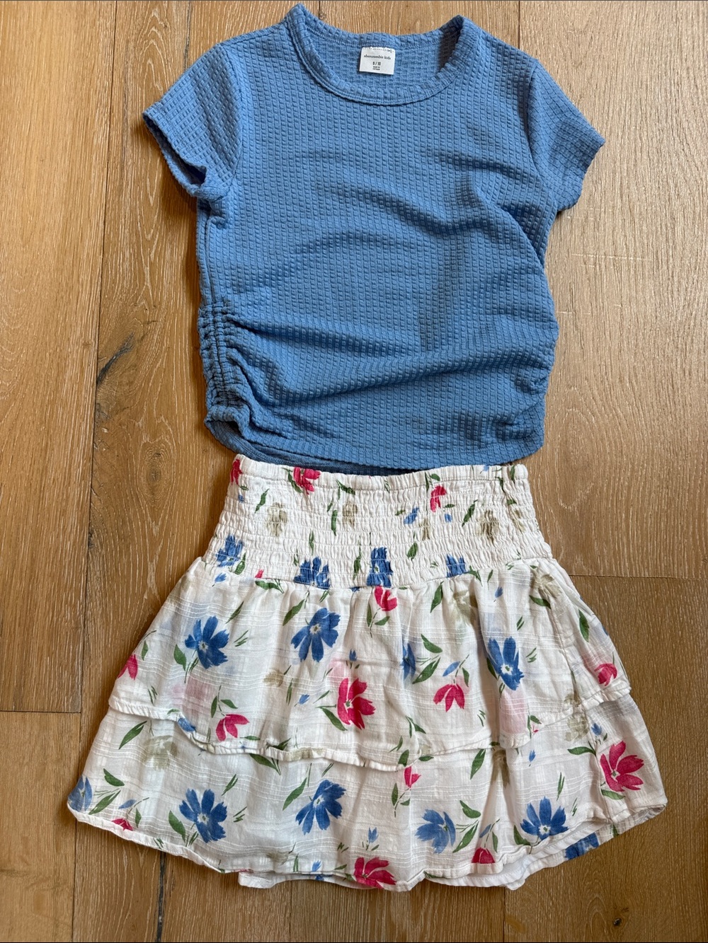 abercrombie kids Blue Textured Tee and Cream Floral Tiered Skirt Set
